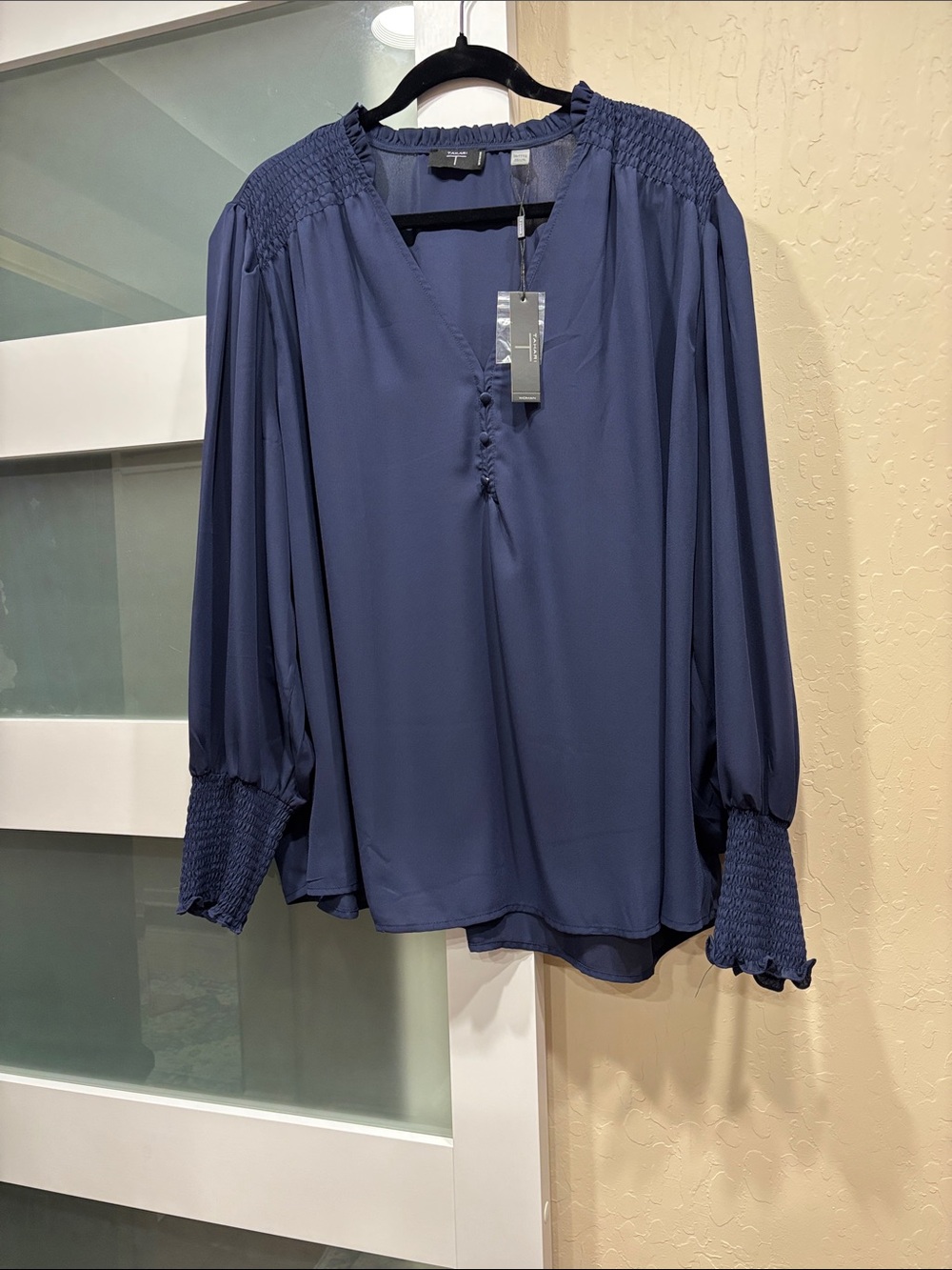 Tahari Dusty Blue Smocked Yoke Long-Sleeve Blouse